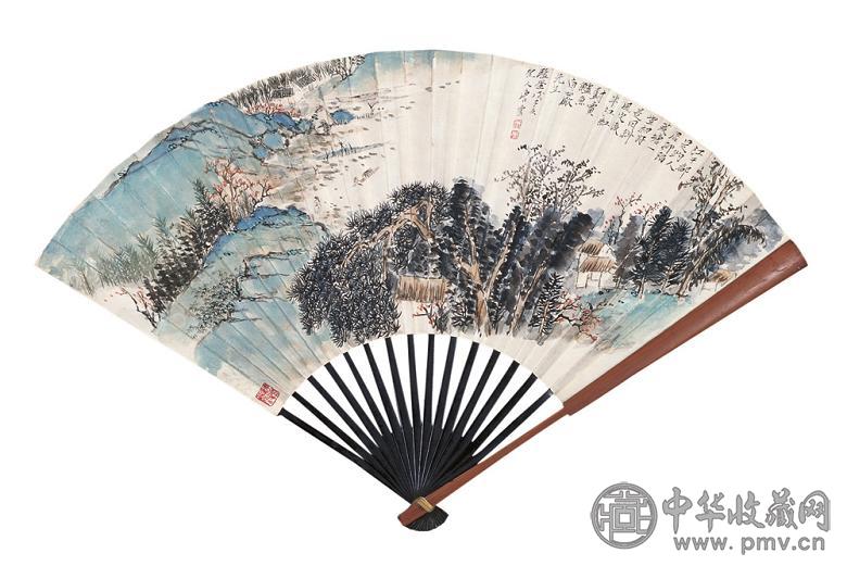 唐云 周悔梦 戊子(1948年)作 山水 成扇 设色纸本