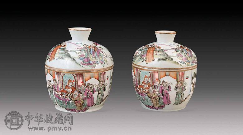 清光绪 粉彩人物盖缸(2件)