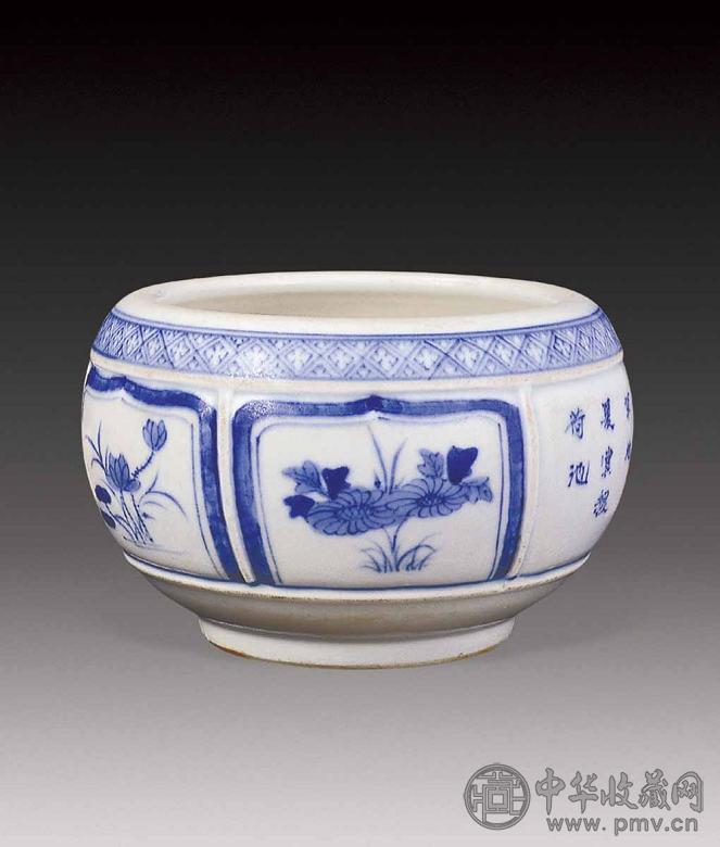 清 青花开光诗文花卉钵