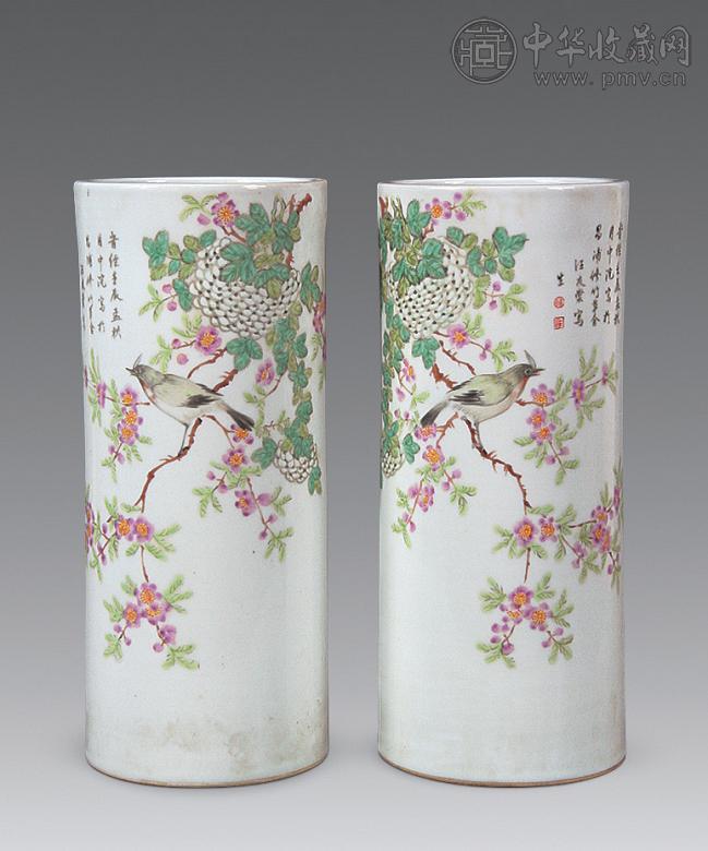 民国 浅绛彩花鸟纹帽筒(1对)