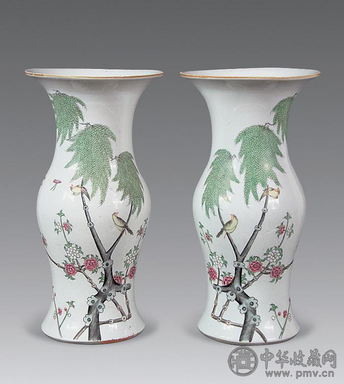 民国 粉彩花鸟纹花觚(1对)