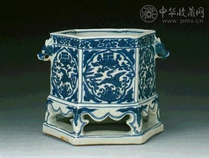 明万历 青花云鹤六方炉