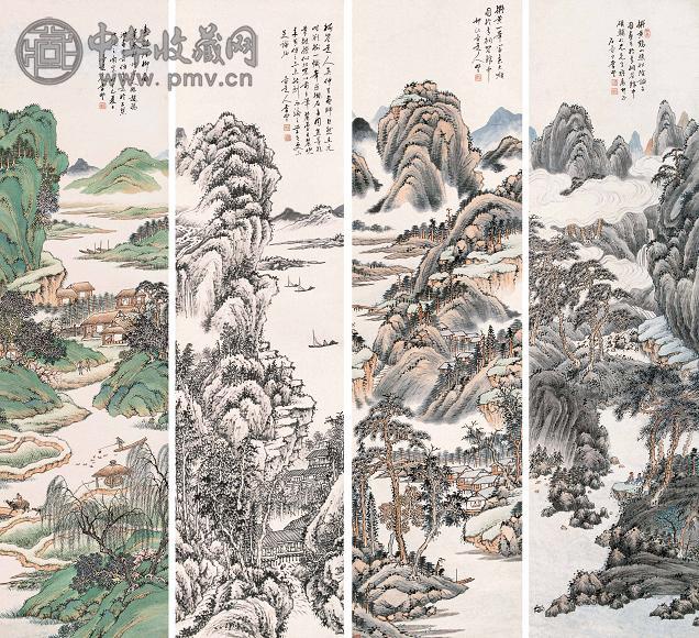 李墅 山水 四屏 纸本