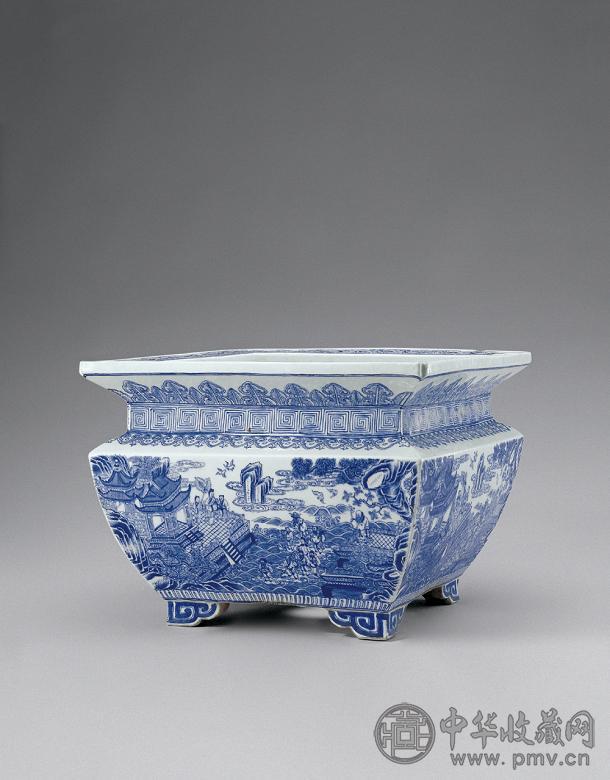 清康熙 青花群仙祝寿图四方大花盆