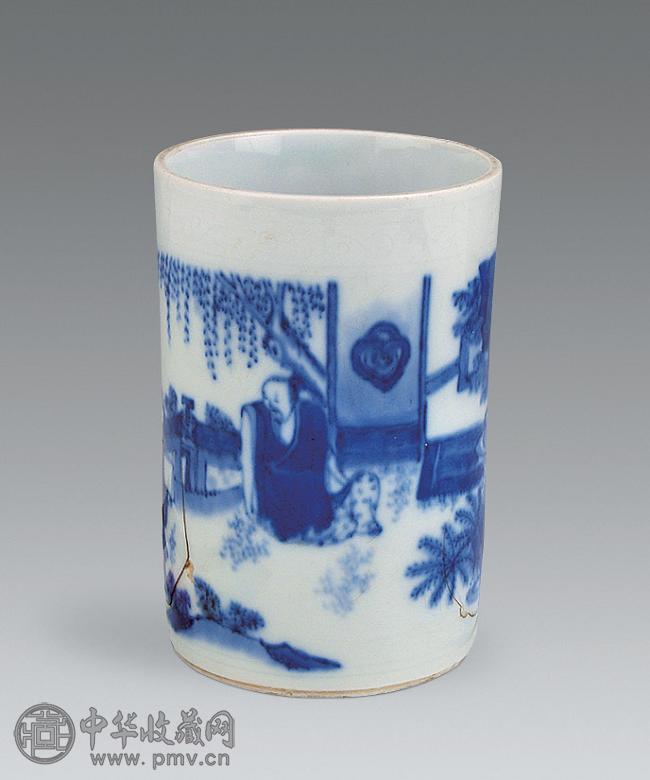 清 青花人物纹笔筒