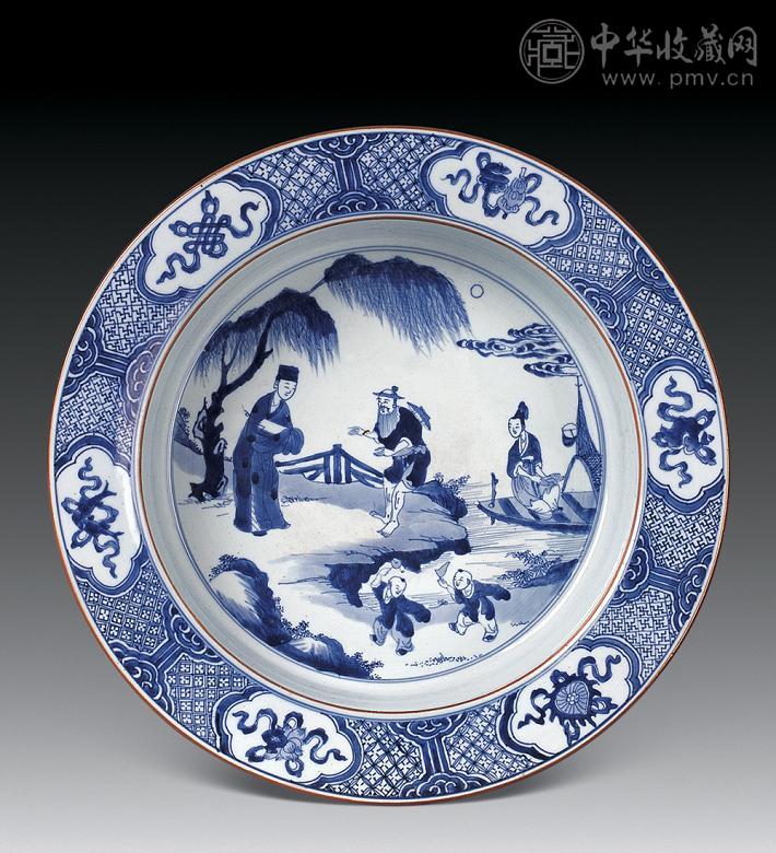 清康熙 青花人物折沿盆