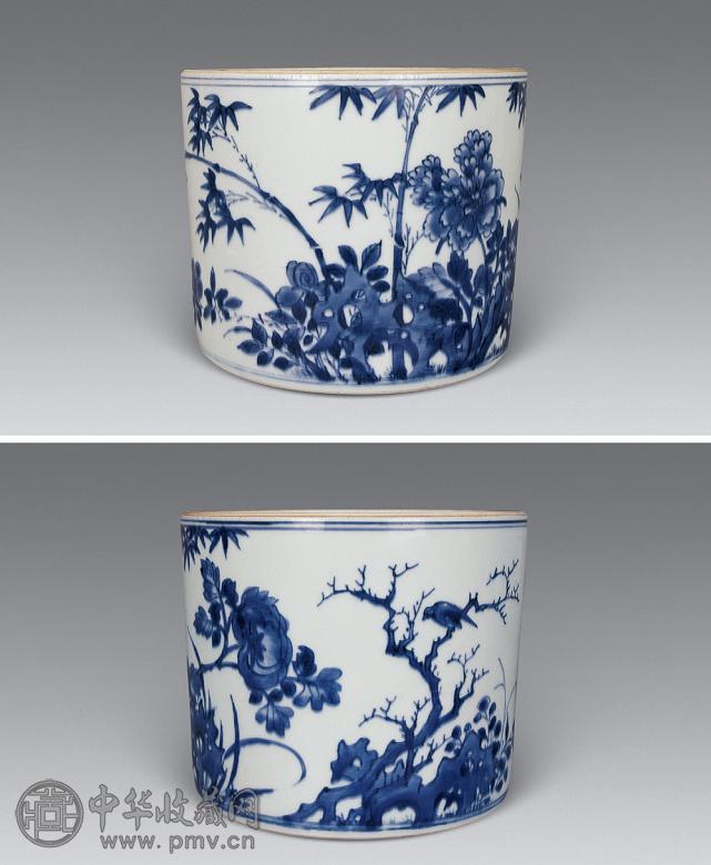 清顺治 青花花鸟大笔筒