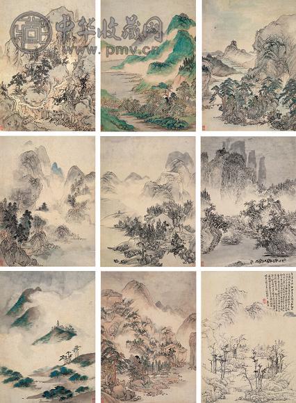 张宏 拟古山水册 册页(9开) 设色纸本