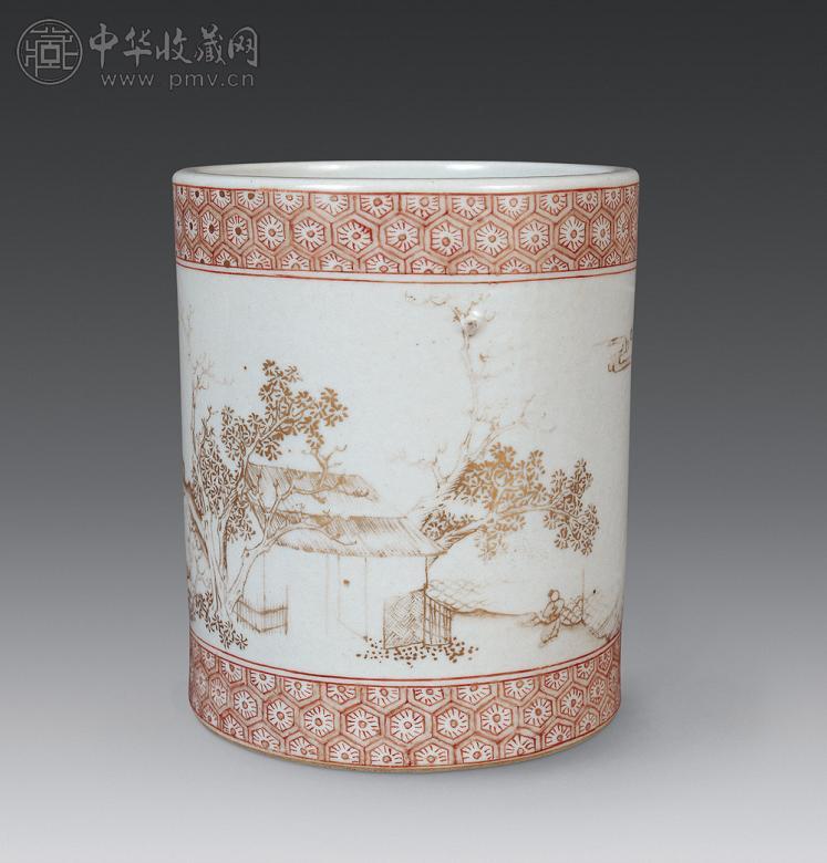 清 粉彩山水纹笔筒