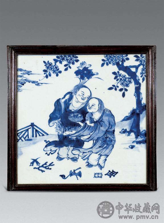 清中期 青花和合二仙瓷板