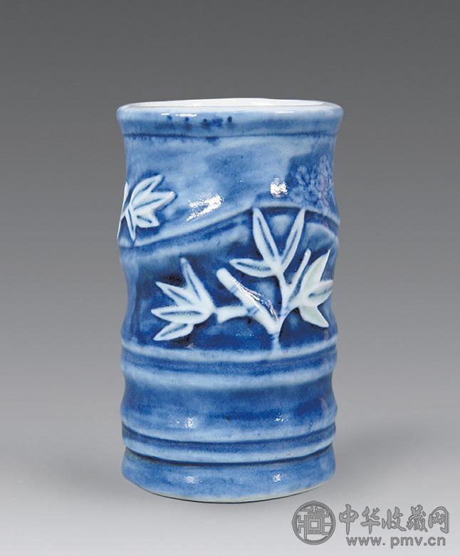 清 青花竹节纹笔筒