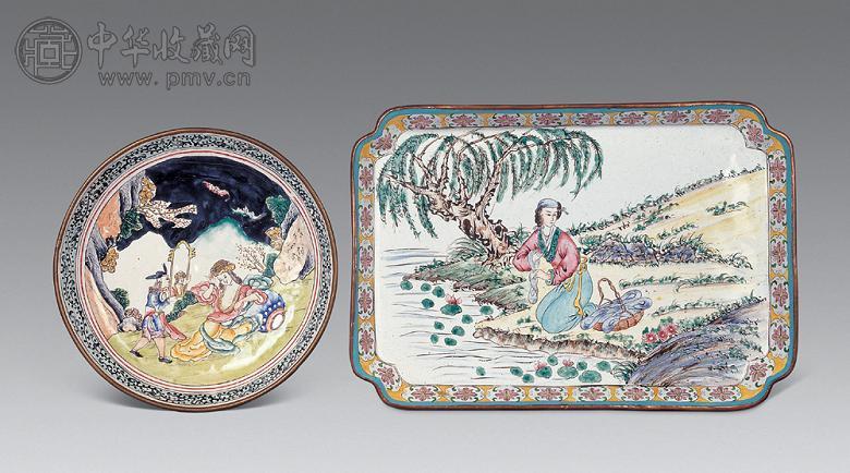 清晚期 铜胎画珐琅人物盘(2只)