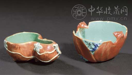 清红釉雕水盂(1对)