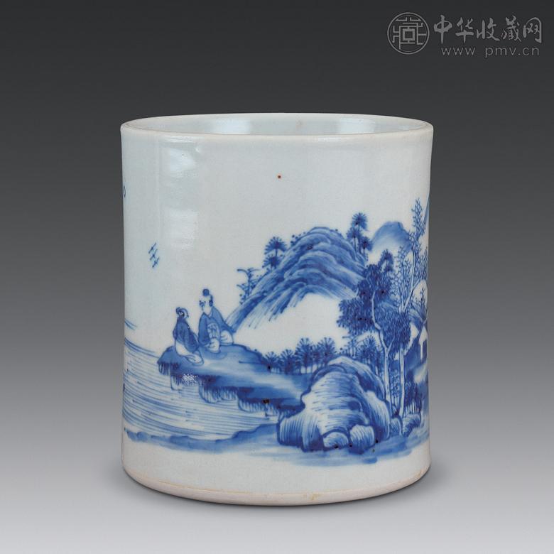 清雍正 青花山水人物纹笔筒