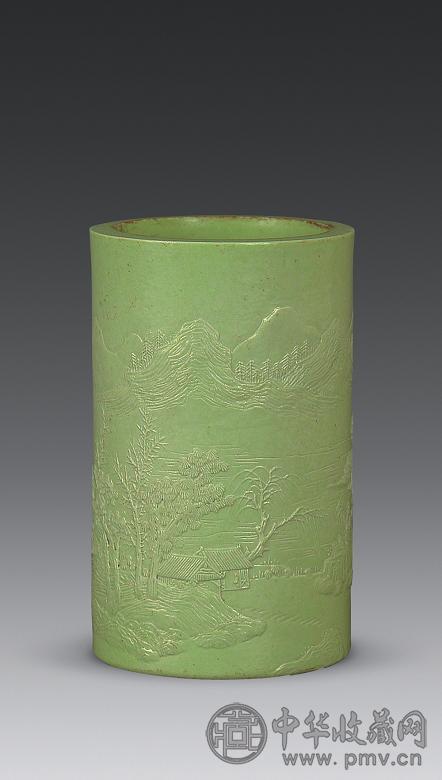 清道光 绿釉堆雕山水笔筒