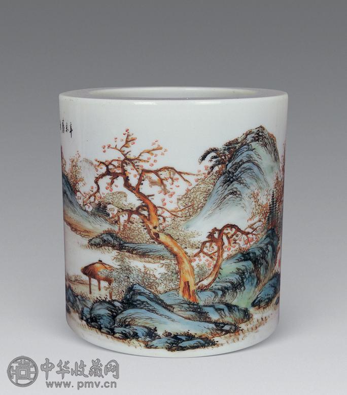 民国 粉彩山水笔筒