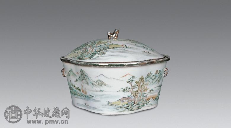 民国 浅绛彩山水盖锅