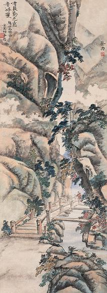 方药雨 溪桥策杖 立轴 设色纸本