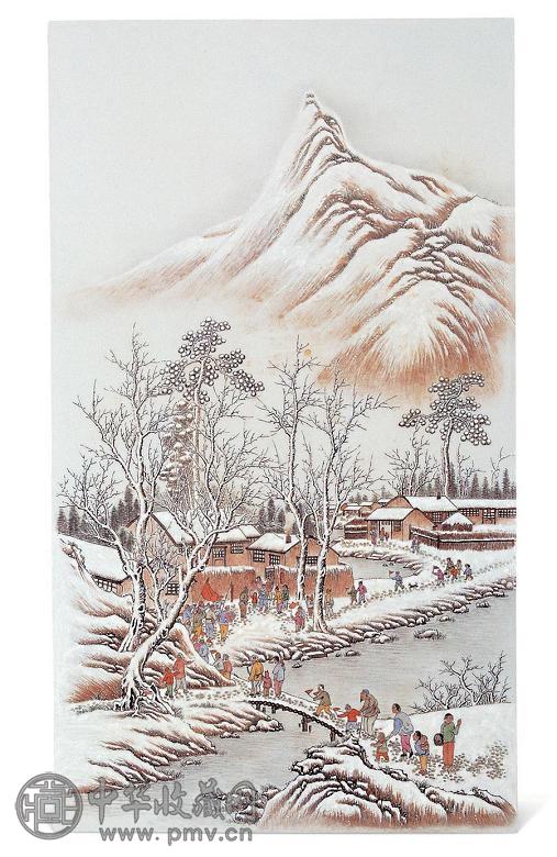 二十世纪 粉彩雪景人物瓷板