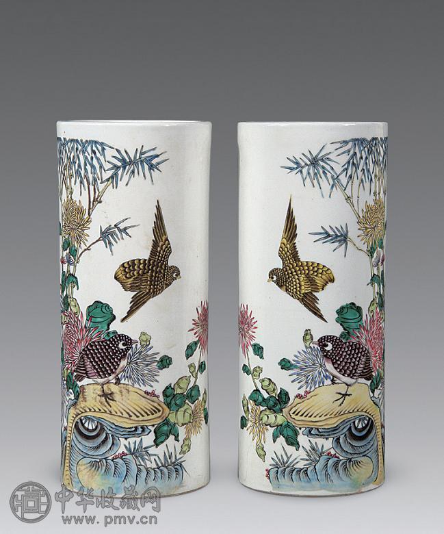 民国 粉彩安居乐业帽筒(1对)