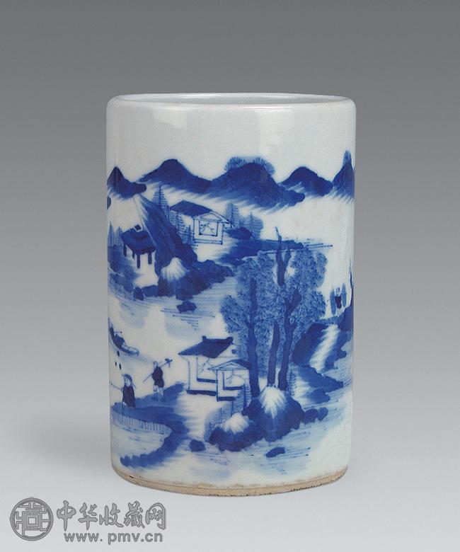 清 青花山水人物纹笔筒