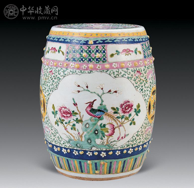 清 粉彩开框锦鸡牡丹纹绣凳