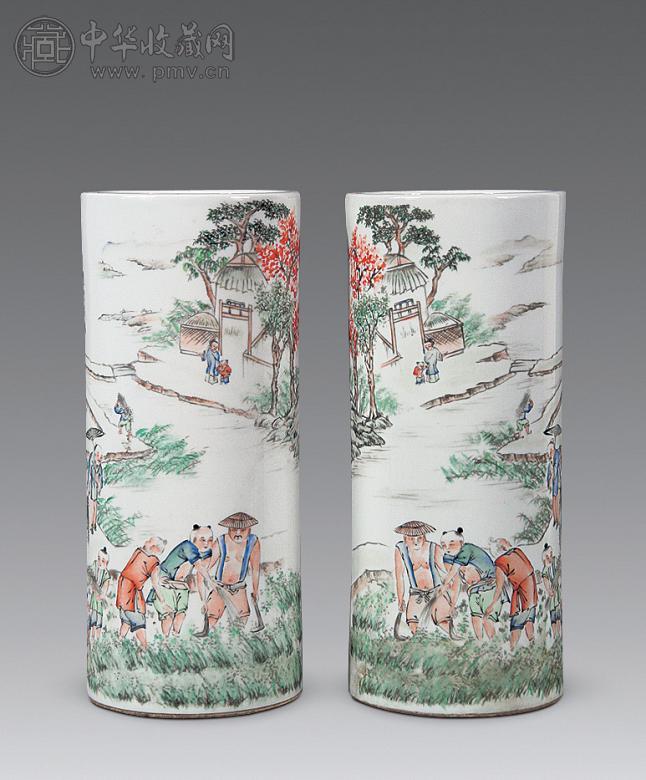 民国 浅绛彩农耕图帽筒(1对)