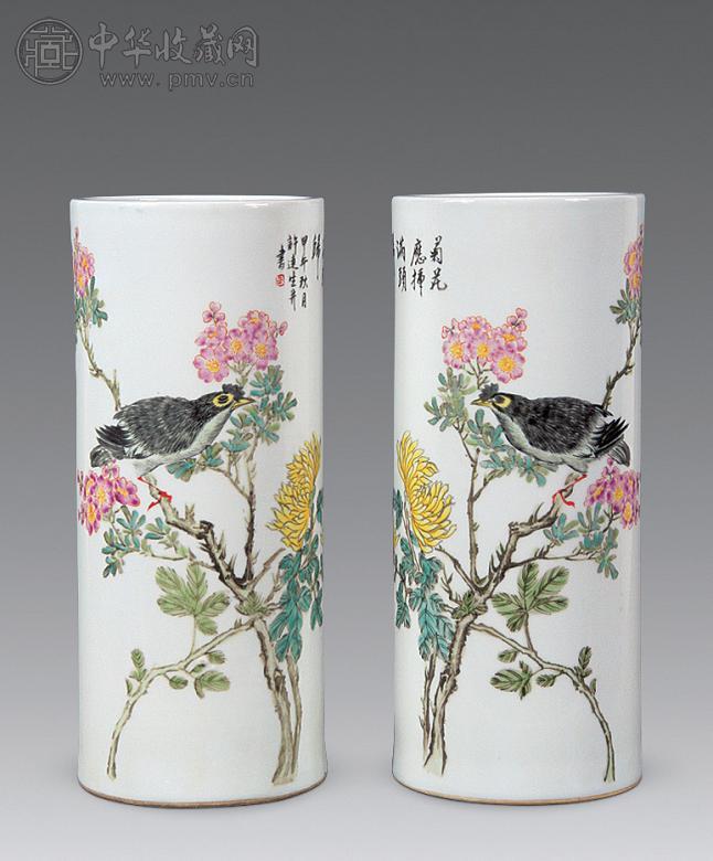 民国 浅绛彩花鸟纹帽筒(1对)