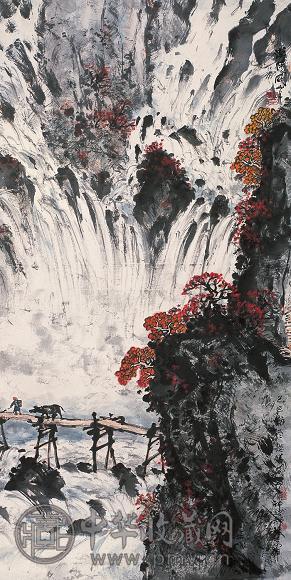关山月 秋林飞瀑 立轴 设色纸本
