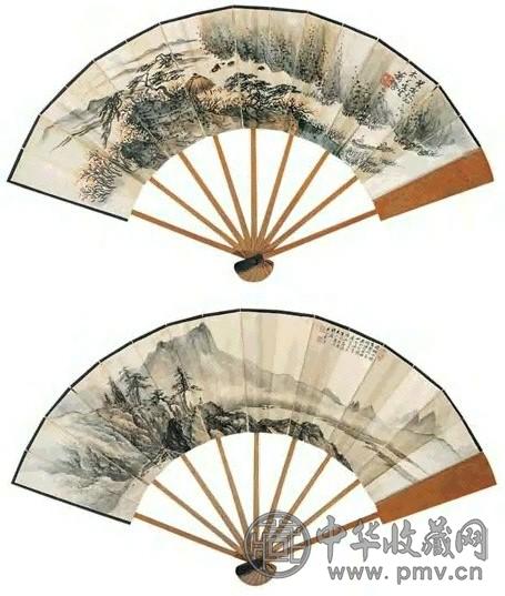 萧愻 祁崑 舟亭远赴图 诗翁看山图 成扇 设色纸本