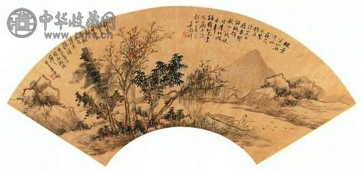 吴榖祥 1892年 枫叶秋江 扇面 设色金笺