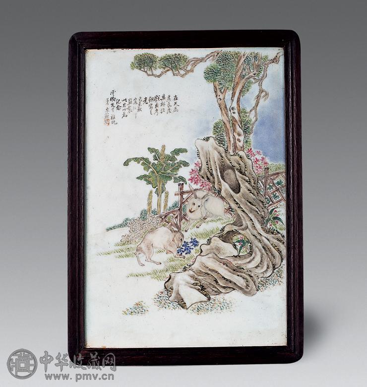 清 粉彩双兔纹瓷板