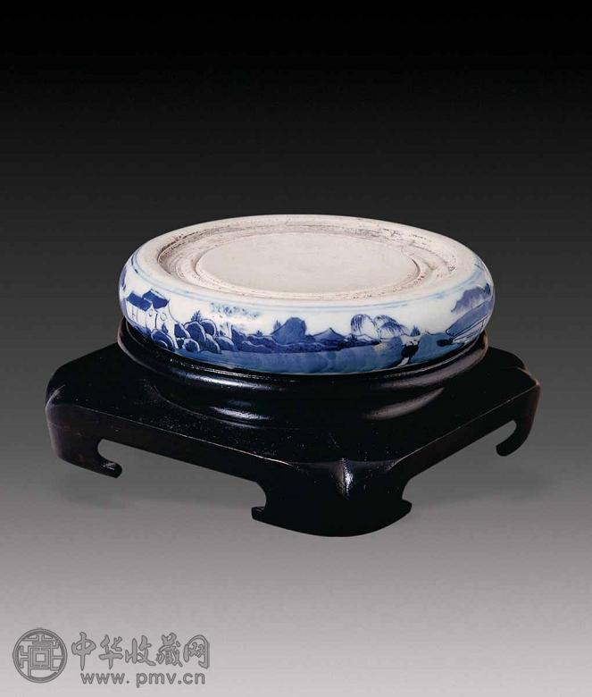 清 青花山水瓷砚