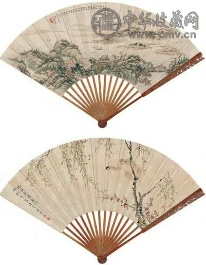 1926年 魏学缋 江帆无尽图并封侯图 成扇 设色绢本