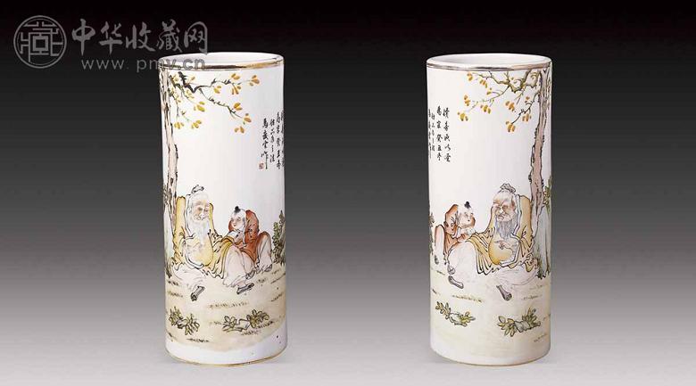 民国 粉彩人物帽筒(2件)