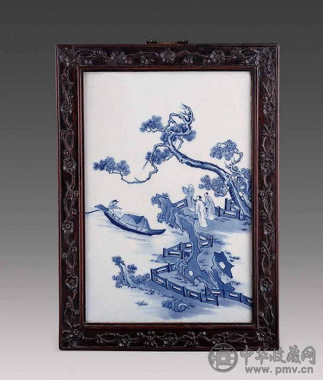 清光绪 青花山水人物瓷板