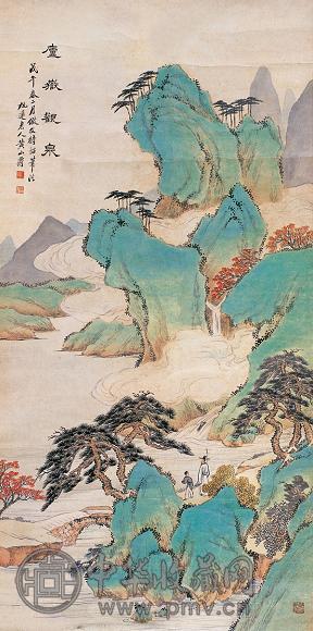 黄山寿 戊午(1918年)作 庐岳观泉 立轴 设色纸本