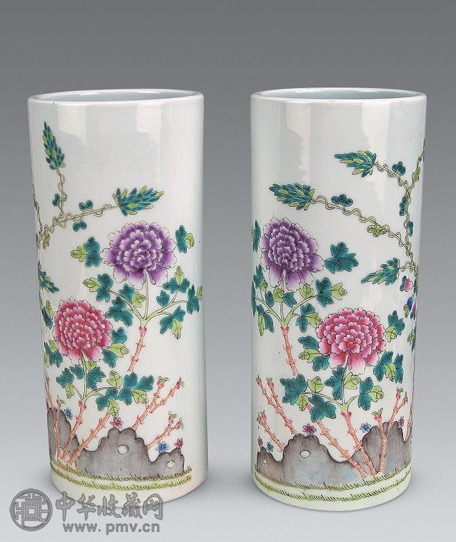 民国 粉彩花卉纹帽筒(1对)