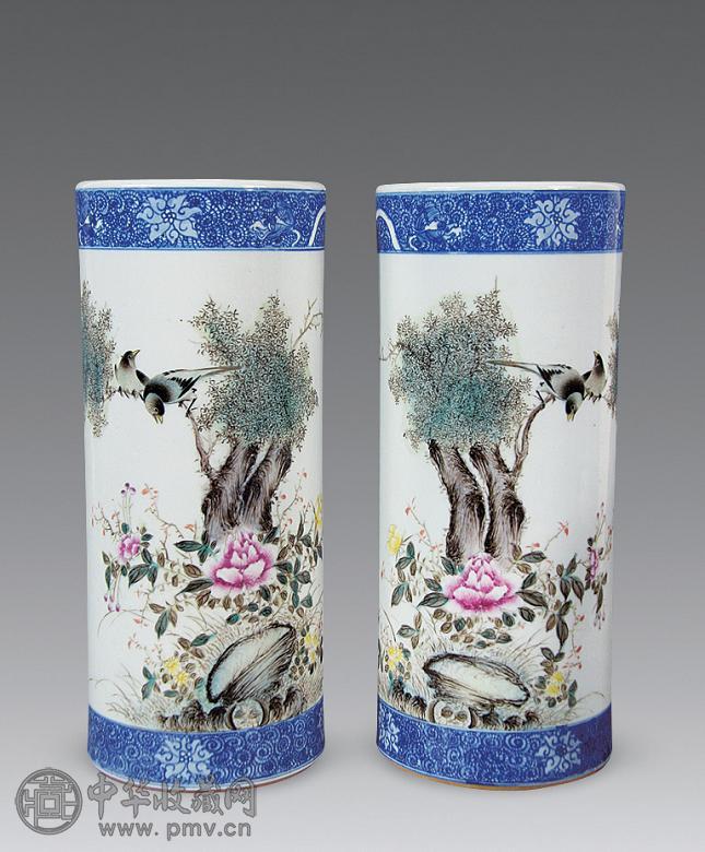 民国 粉彩花鸟纹帽筒(1对)