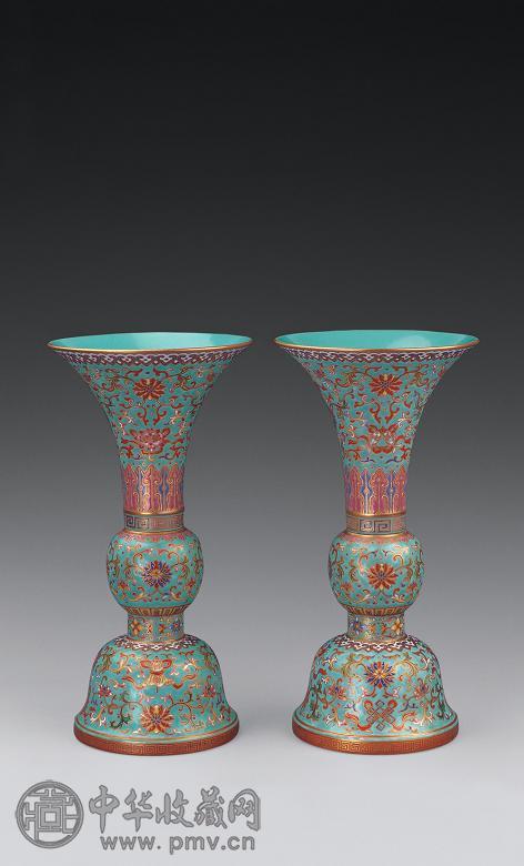 清 粉彩绿地描金花觚(1对)