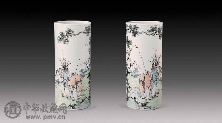 民国 浅降彩人物帽筒(2件)