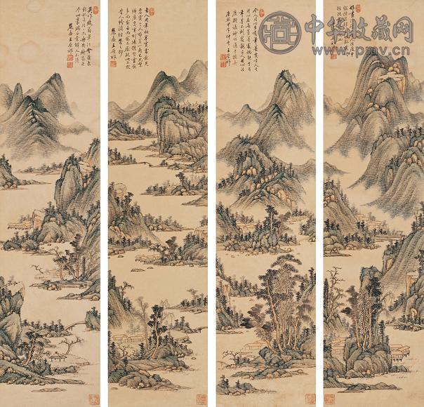 王原祁 1714年作 山水图 四屏 设色纸本