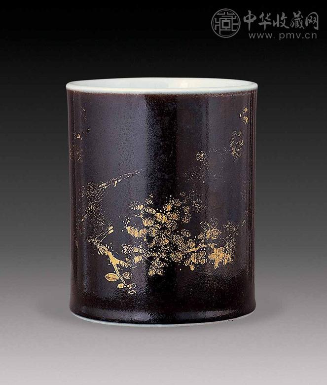 清康熙 黑釉描金诗文笔筒