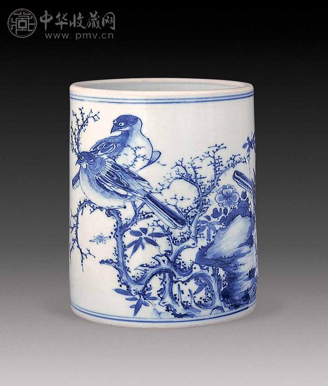 清康熙 青花花鸟笔筒