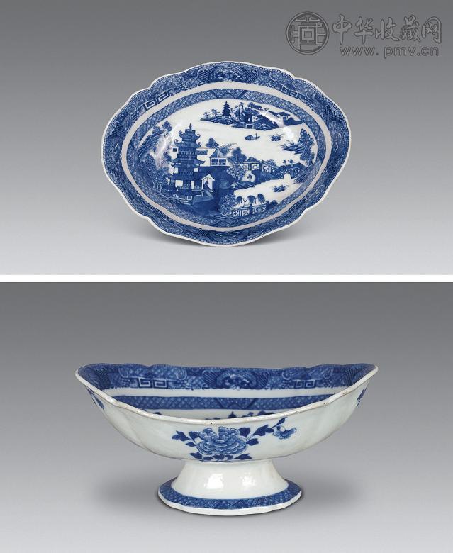 清乾隆 青花山水高足洗