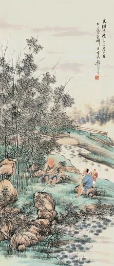 倪田 水村纳凉 立轴 设色纸本