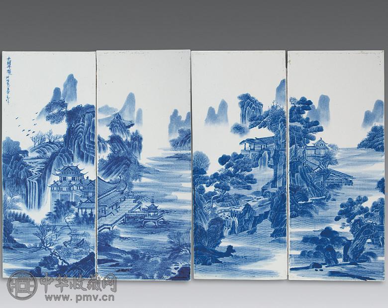 青花山水楼阁纹瓷板(1套)