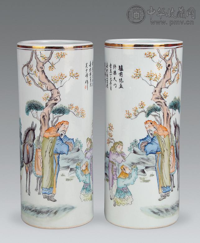 民国 粉彩人物纹帽筒(1对)