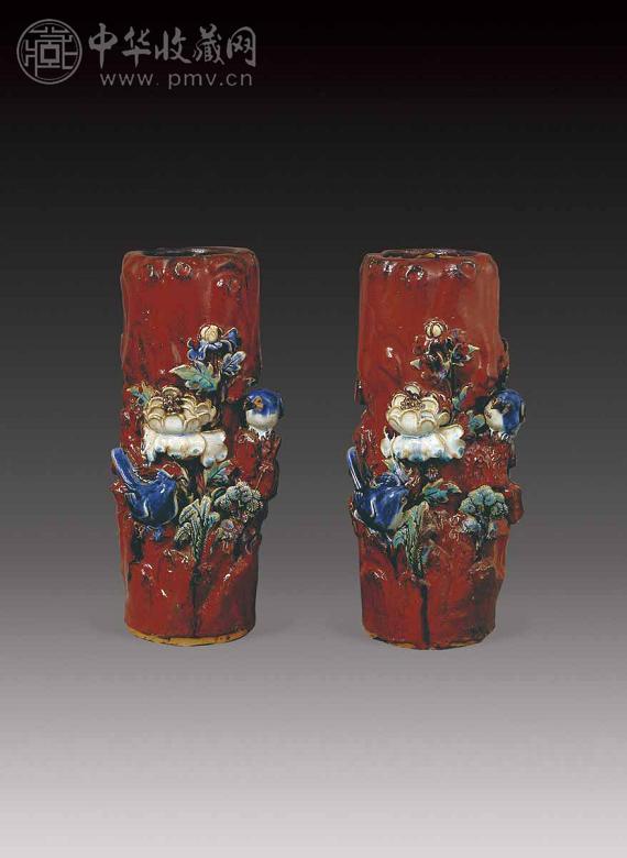 清中 石湾窑窑变花鸟花插(2件)