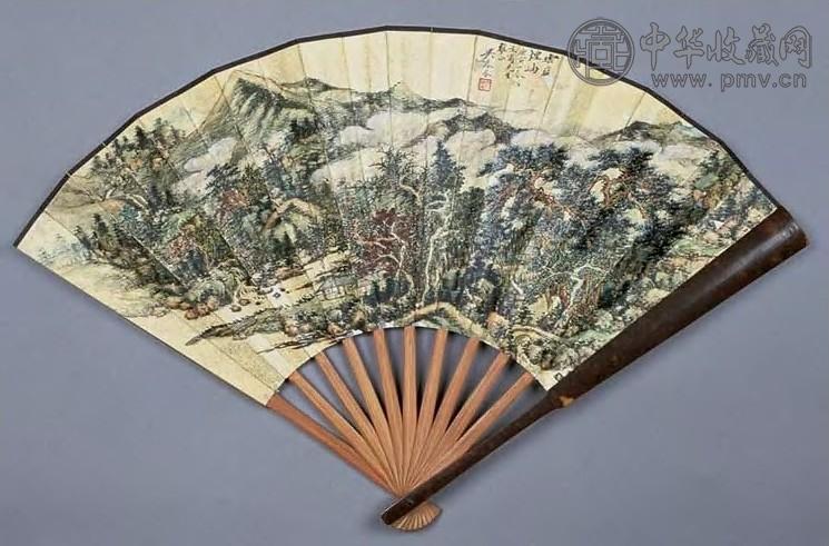 吴琴木 1950年作 云岚烟岫图 扇面 设色金笺